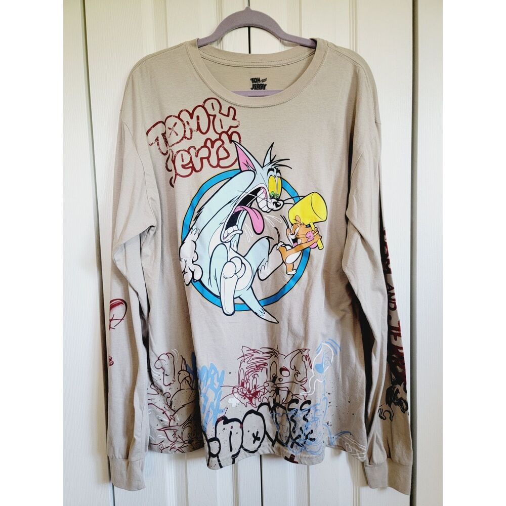 Tom‎ & Jerry 2X Graphic Shirt Adult Khaki Long Sleeve Graffiti Print Stretch LS